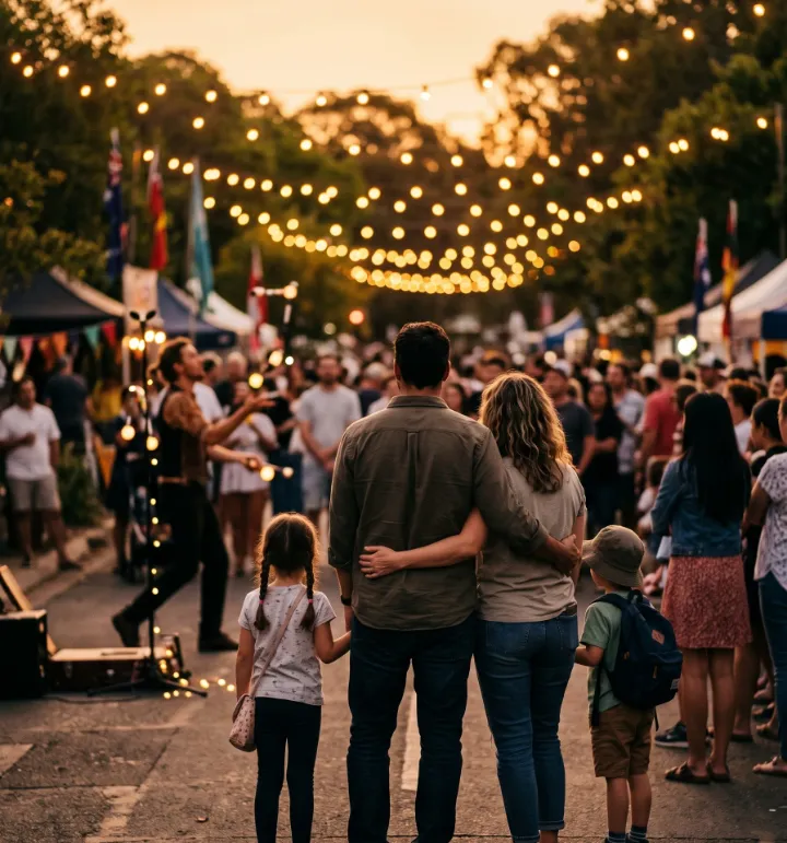 A family watching a street festival under festoon lights