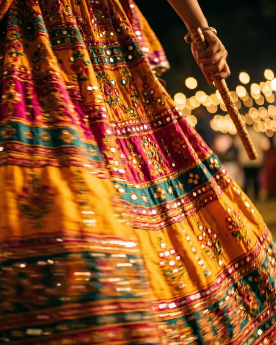 A dancer’s mirror-work skirt in marigold, magenta and teal flaring mid-spin