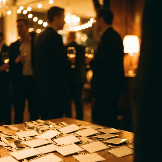 Guests talking over drinks at a warm-lit evening event, blank name badges on a table