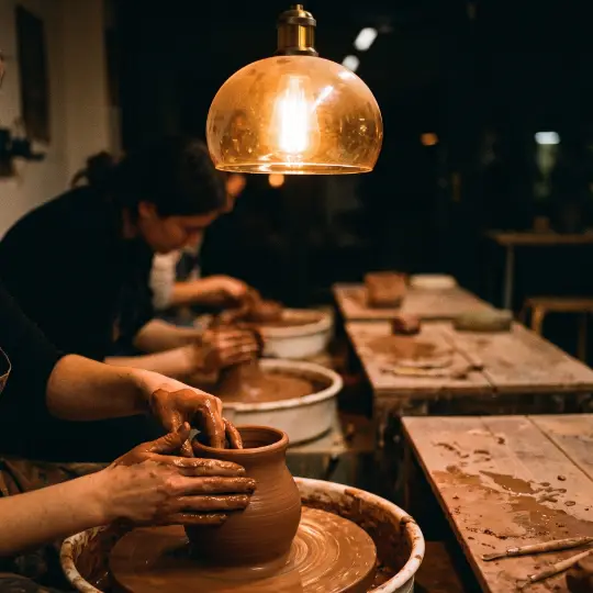 Hands shaping a clay pot on a pottery wheel at an evening workshop