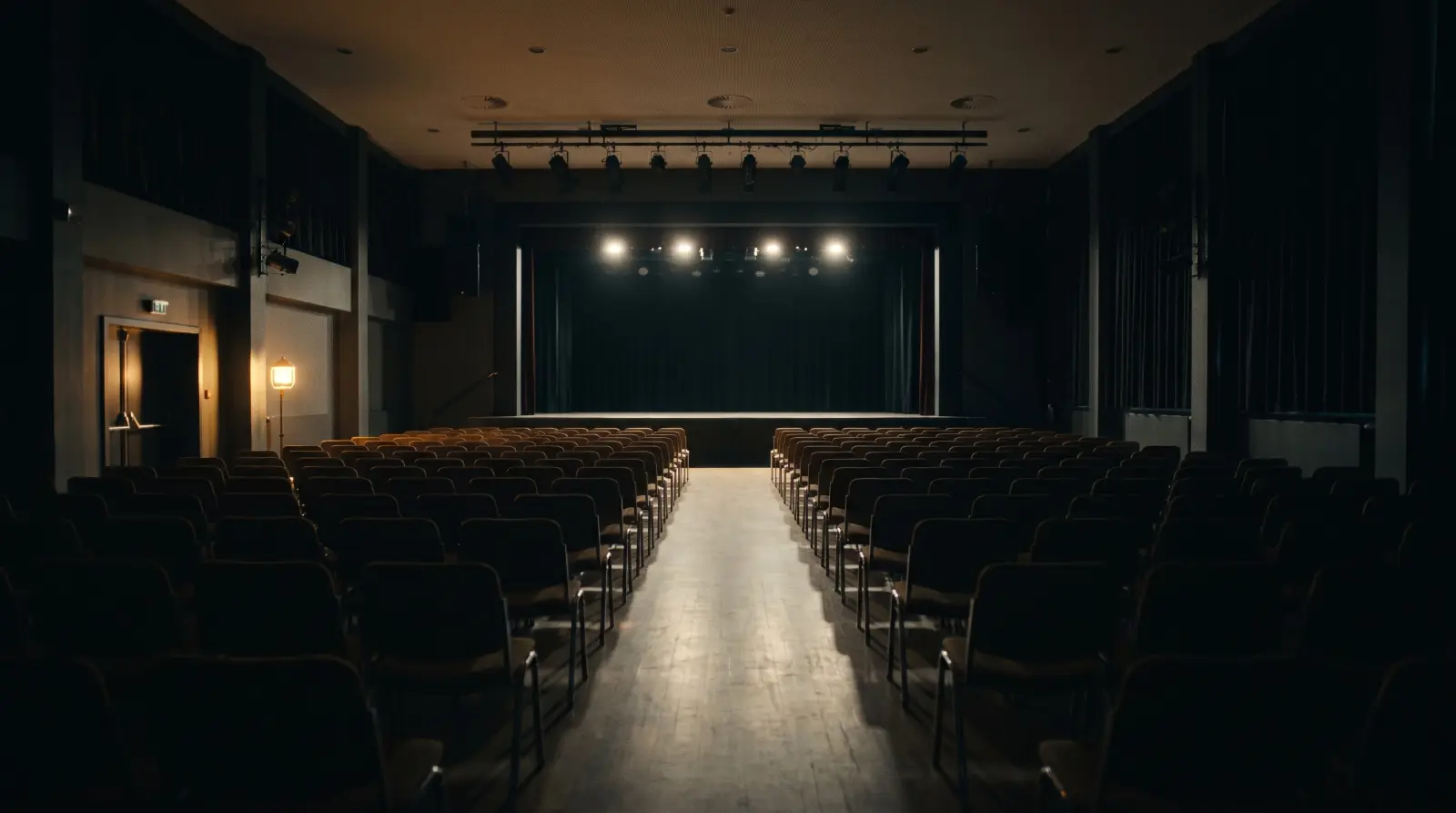 An empty theatre before the doors open, stage lights on over rows of seats